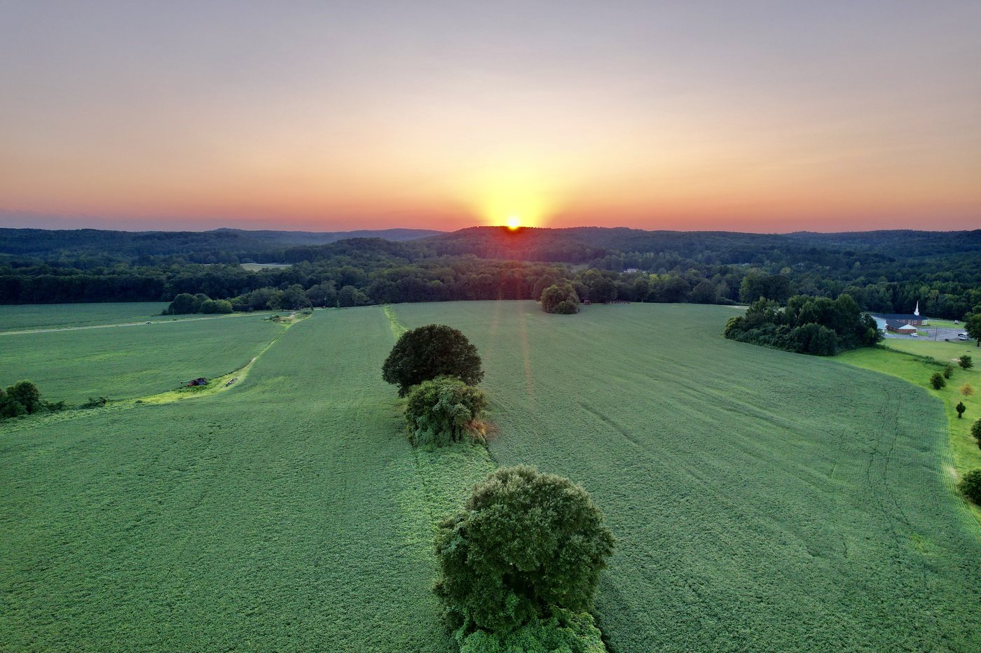 Aerial sunset over open farmland and tree lines